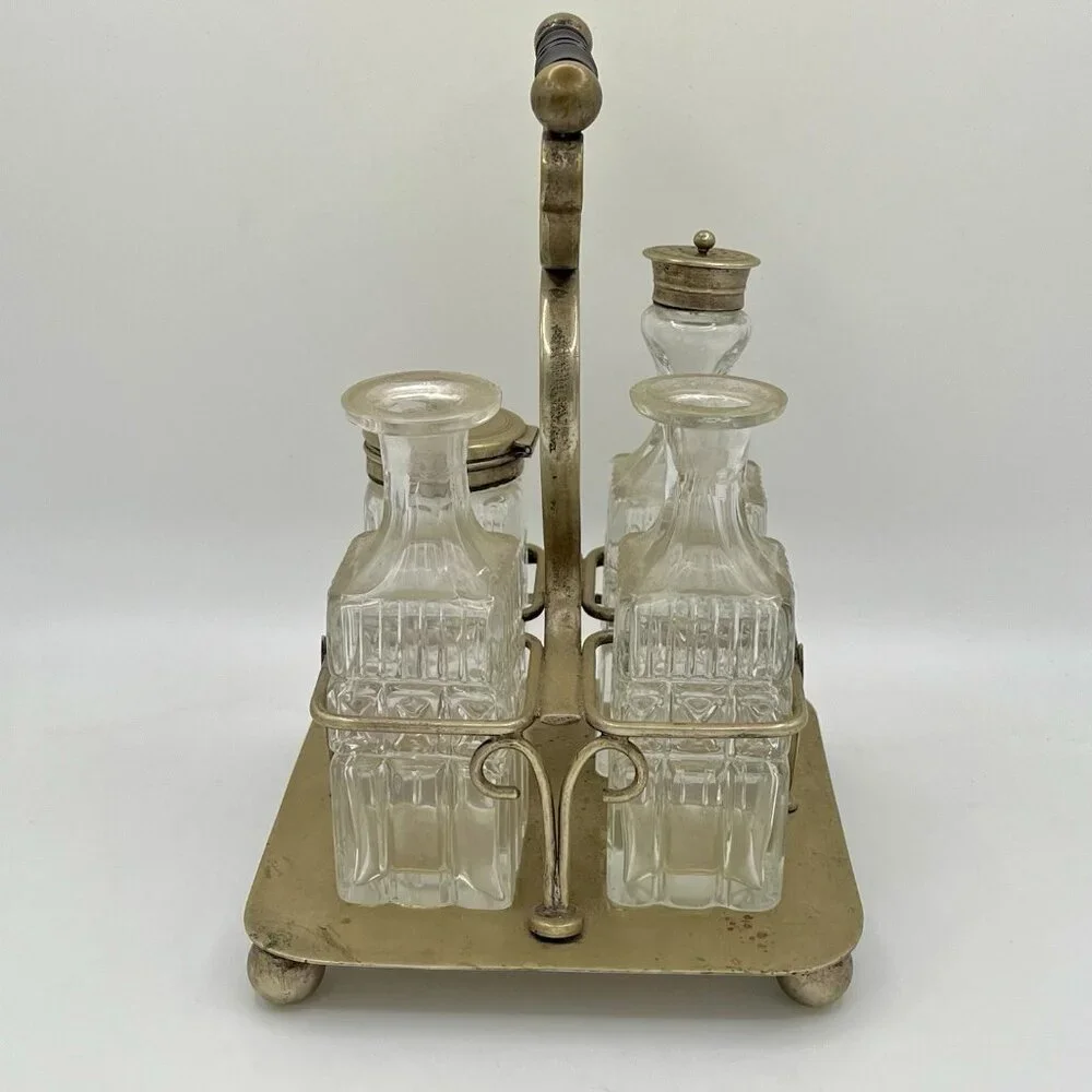 Antique Victorian EPNS Cruet Castor Set Pressed Glass Bottles Silverplate Stand